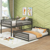 SOFTSEA Full XL Over Queen Bunk Bed, Wood Floor Bunk Bed with Safety Guardrails & Wide Ladder for Kids Teens Adults, Detachable Bunk Bed into 2 Beds, Grey SOFTSEA