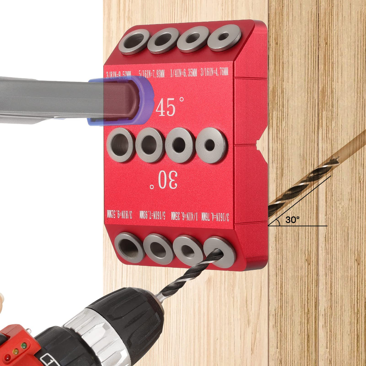 SLIIMU 30 45 90 Degree Angle 4 Sizes Drill Hole Guide Jig for Angled and Straight Hole, Portable Deck Cable Railing Lag Screw Drilling Template Block For Horizontal Cable Wood Post,Stair Wire Handrail SLIIMU