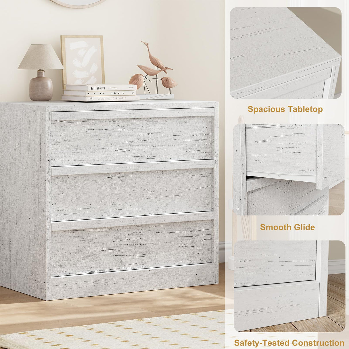GarveeHome 3 Drawer Dresser for Bedroom, White Nightstand 3 Chest of Drawers with Large Storage, Small Modern Bedside End Table for Living Room, Nursery, Entryway GarveeHome