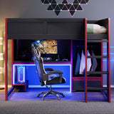Ball & Cast Full Size Gaming Loft Bed with Built-in Desk,Wood Gamer Bed Frame w/Wardrobe and Drawer,Underbed Storage Space,Stairs,Full-Length Guardrail,Bedroom Furniture for Student Dorms,Black Ball & Cast