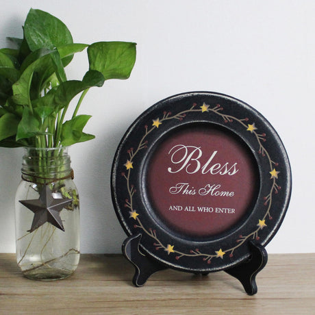 CVHOMEDECO. Primitives Vintage Bless This Home Wood Decorative Plate Retro Display Wooden Plate Home Décor Art, 9-3/4 Inch CVHOMEDECO.