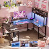Unikito DIY U Shaped Computer Desk with Hutch, Reversible L Shaped Office Desk with Power Outlets and LED Strip, Customizable Large 98 Inch L Shape Gaming Corner Desk with Monitor Stand, Black Oak Unikito