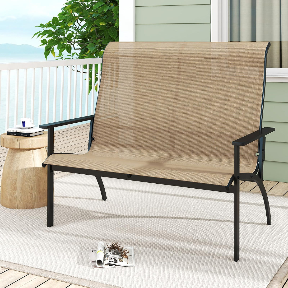 Tangkula Outdoor Adirondack Bench Chair, 2-Person Patio Garden Bench with High Back and Armrests, 880 lbs Weight Capacity, Front Porch Loveseat Furniture for Deck, Lawn and Backyard (Coffee) Tangkula
