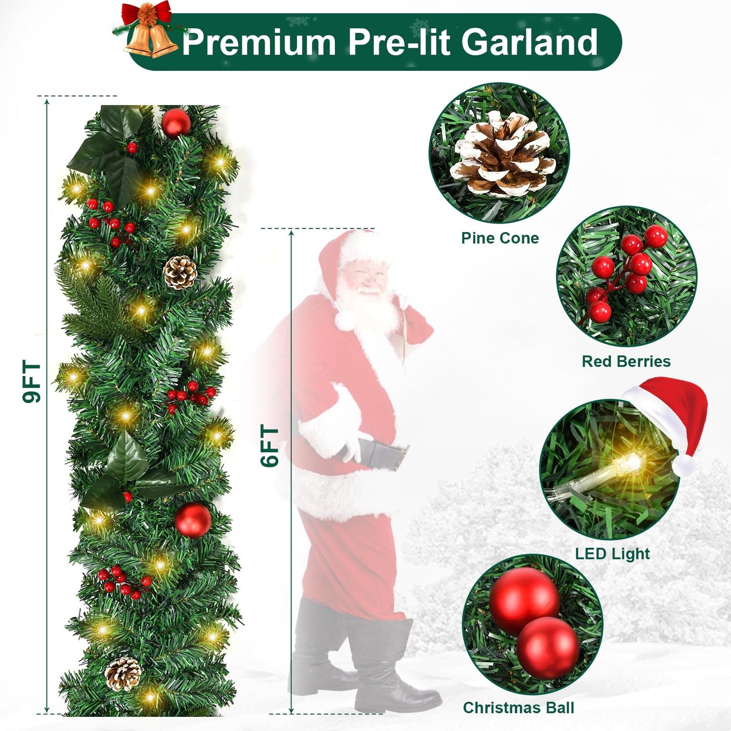 Beinhome 9FT/270cm Pre-Lit Christmas Garland, Artificial Christmas Hanging Garland with Lights Timer, Red Berries Glitter Ball Pine Cone Decorations for Home Stairs Table Fireplace Xmas Festival Decor