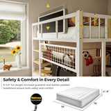 advwin Full Size Loft Bed with Desk and Stairs, Storage Drawers and Shelves, Charging Station, LED Light, Safety Guardrail & Ladders, Metal Loft Bed Frame Gaming Bed for Adult, Space-Saving, White advwin