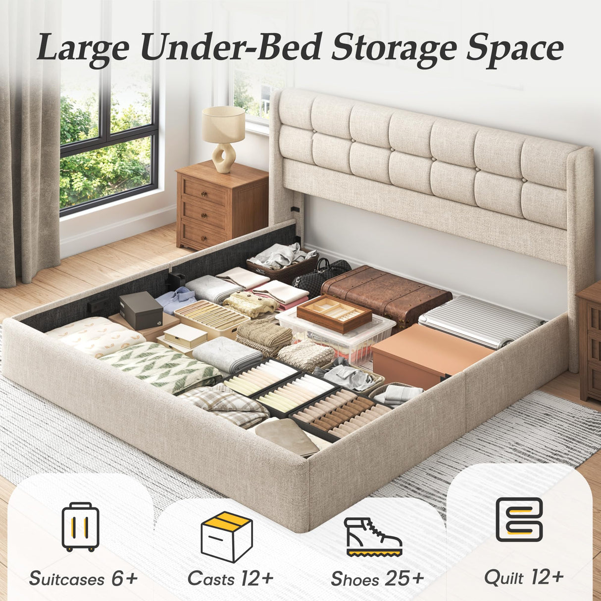 Lifezone King Size Storage Bed Frame with Hydraulic Lift & Wingback Headboard, Linen Upholstered, Space Saving Platform, No Box Spring Needed, Noise Free, Strong Support, Modern Furniture, Beige Lifezone