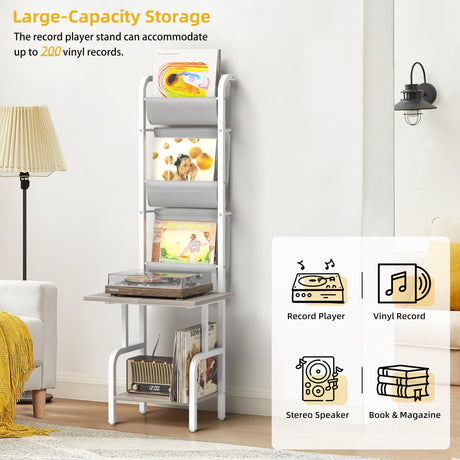 Record Player Stand with Vinyl Storage, Record Player Table with Vinyl Record Storage up to 200 Albums, Turntable Stand with Record Holder Vinyl Display Shelf, Record Player Cabinet Organizer Rack Tewinko