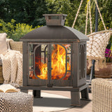 Panovue 45" H×31''W Metal Chiminea Fire Pit with Grill, Wood Burning Fire Pits for Outside,Square Chimineas Fireplace with Mesh Spark Screen Door& Fire Poker for Garden,Yard,BBQ,Bonfire Panovue