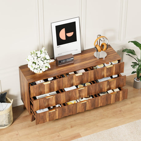 QEIUZON 9 Drawer Dresser, Modern Fluted Storage Dresser with Deep Drawers and Metal Handles, Wood Chest of Drawers Storage Organizer for Bedroom, Living Room, Hallway (Walnut) QEIUZON