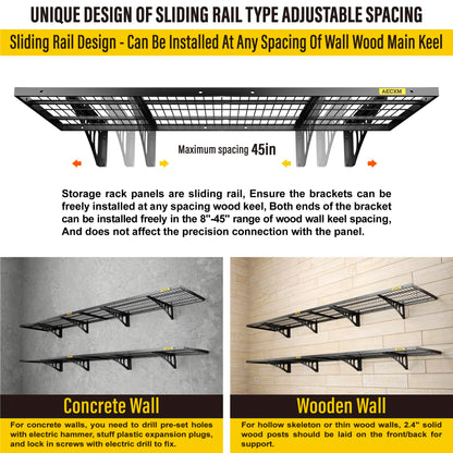 Aecxm 4 Pack-1.64x4ft Wall Garage Storage Shelf, Adjustable Sliding Rail Design Garage Wall Shelf, for Tool Room, Storage Garage Wall Storage Shelf (Black)