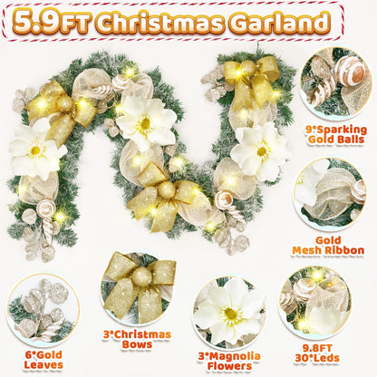 Christmas Garland Decorations, 5.9 FT Luxury Christmas Garland for Mantle, Christmas Flocked Garland with Gold Bows Ribbons Magnolia for Front Door Fireplace Table Home Decor