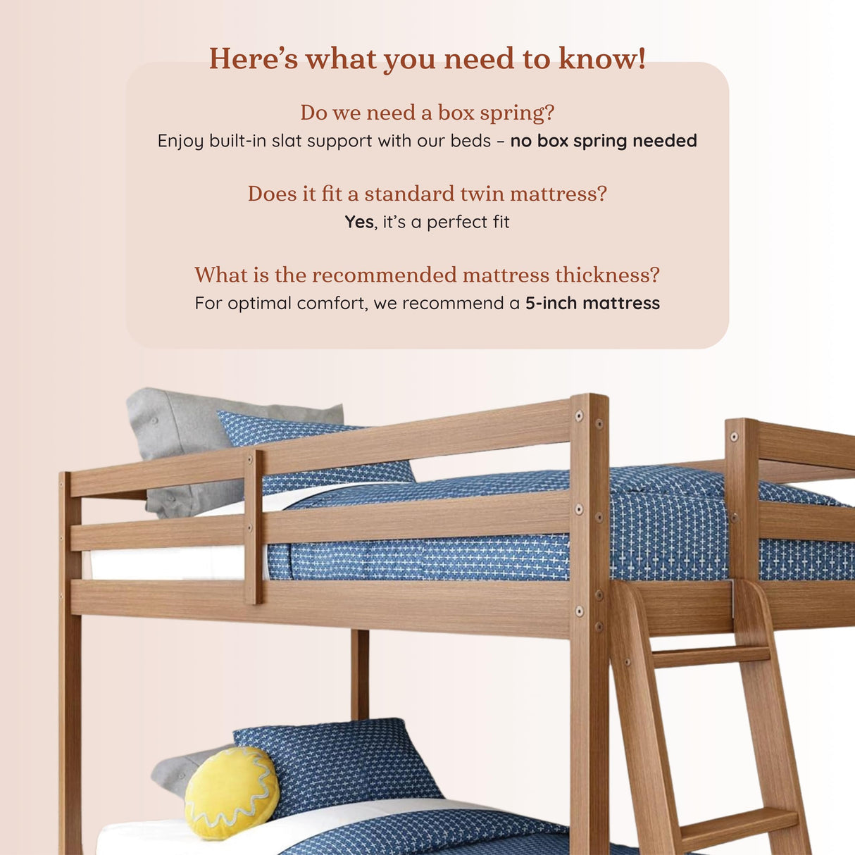 Grain & Grove Bear Twin Over Twin Bunk Bed, Low Bunk Bed Frame for Kids, Bunk with Ladder, Guardrail, and Slats, No Box Spring Required, Oak Embossed Pecan Grain & Grove