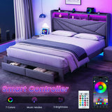 Driftalia LED Queen Bed Frame with 2 Storage Drawers, Upholstered Bed Frame Queen Size with Headboard and Charging Station, No Box Spring Needed, Easy to Assembly-Light Grey Driftalia