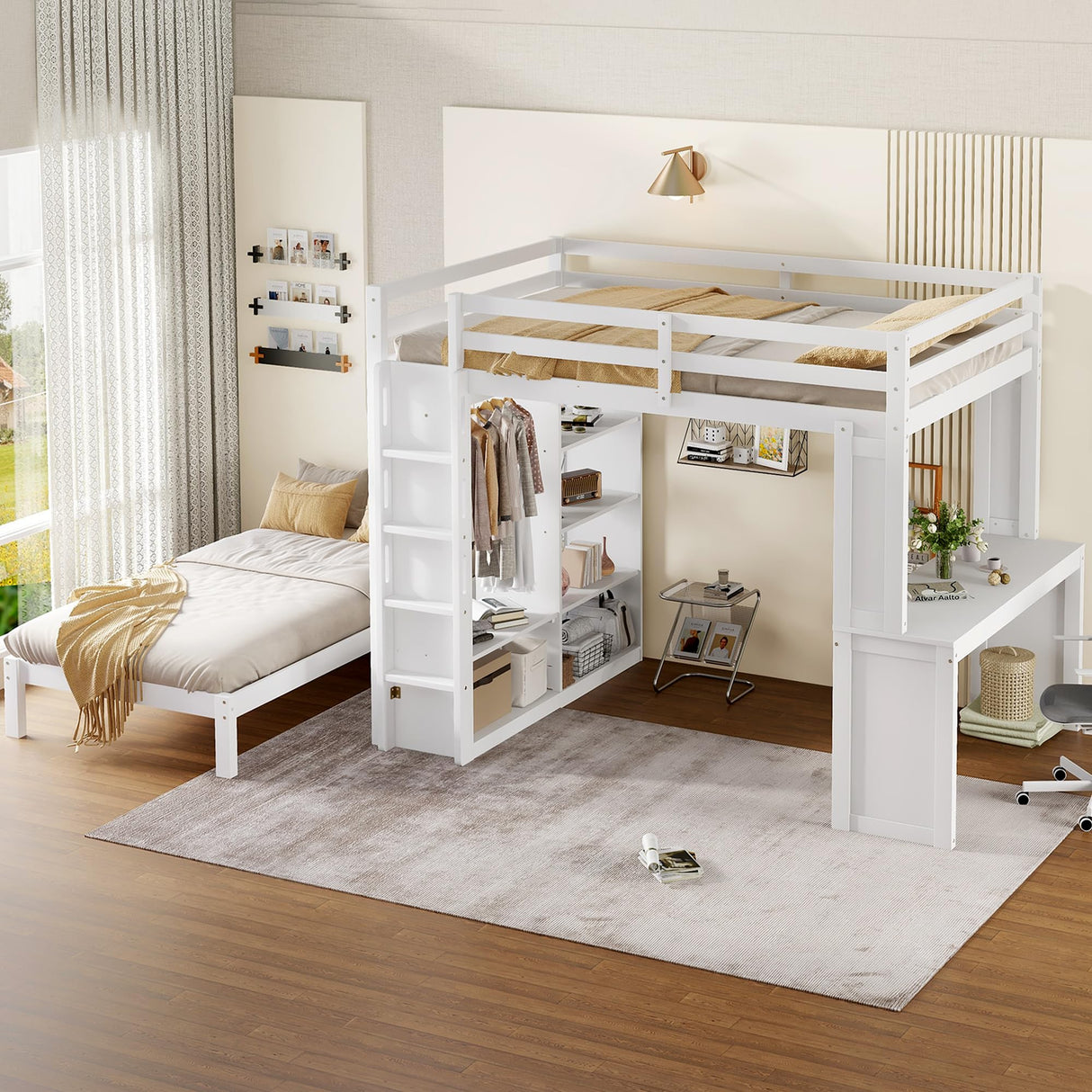 Queen Over Twin Bunk Bed with Desk, Wardrobe, and Storage Shelves, Solid Wood Bunk Beds with Dismountable Lower Bed, Bunkbed Frame for Bedroom, Guestroom, Dorms, No Spring Box Needed, White Bellemave