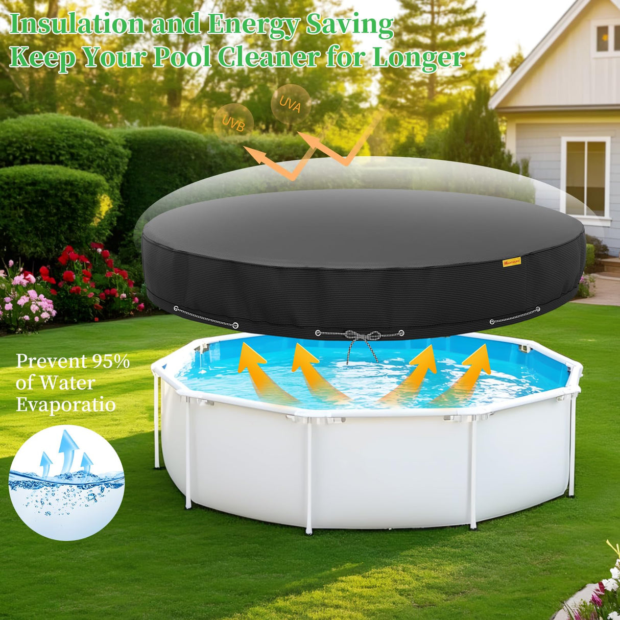 HIGHTQURO 18Ft Round Pool Cover,Heavy Duty Waterproof Round Pool Covers for Above Ground Pools with Ground Nails and Windproof Ropes,Increase Stability&Tear-Resistant, Waterproof and Dustproof, Black HIGHTQURO