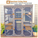 Large Catio Outdoor Cat Enclosure with Condos, Wood Catio Walk in Cat House, Kitty Shelter Indoor with Waterproof Roof Suumerpety