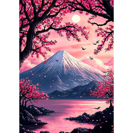 MOGTAA Cherry Blossom Landscape Diamond Art Kits for Adults, 5D Full Drill Diamond Painting Kits for Adults Beginners, DIY Mountains Round Diamond Dots for Adults, Gem Art for Home Decor 12 X 16Inch MOGTAA