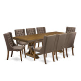 Luxe by East West Furniture LEFO9-AWA-18-9-Piece Kitchen Table Set Includes a Breakfast Table and 8 Brown Linen Fabric Parson Chairs with Button Tufted Chair Back - Antique Walnut Finish. Luxe by East West Furniture