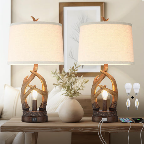 Altgedecor Rustic Table Lamps Farmhouse Antler Lamps Set of 2 Western Bedside Lamps for Bedroom with USB Charging Ports Nightlight,Vintage Resin Nightstand Table Lamps for Living Room (Bulbs Included) Altgedecor