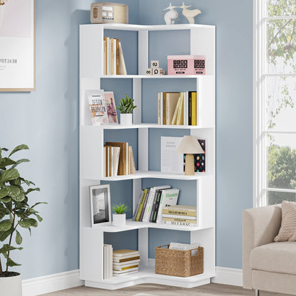 Tribesigns 6-Tier Modern Corner Bookshelf - 64.9 Inch Freestanding Storage Organizer in White - WoodArtSupply