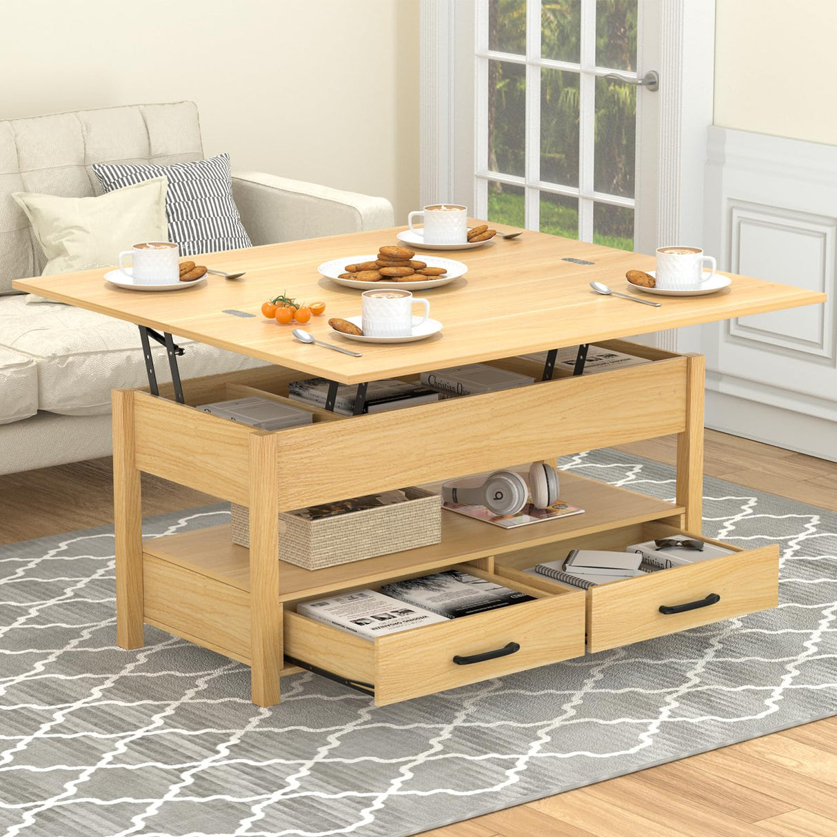 SYESWAY Lift Top Coffee Table, 3-in-1 Multifunctional Coffee Table with Drawers and Hidden Compartments, Coffee Table Converts to Dining Table, for Living Room, Dining Reception Room, Wood SYESWAY