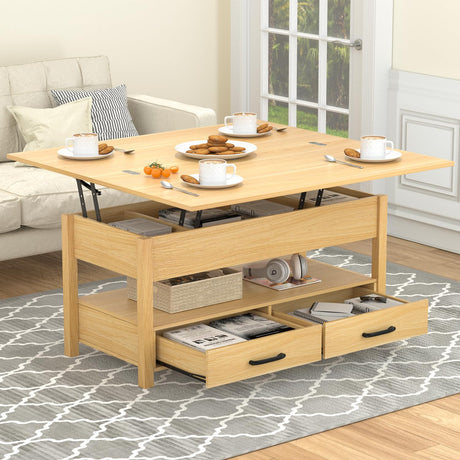 SYESWAY Lift Top Coffee Table, 3-in-1 Multifunctional Coffee Table with Drawers and Hidden Compartments, Coffee Table Converts to Dining Table, for Living Room, Dining Reception Room, Wood SYESWAY