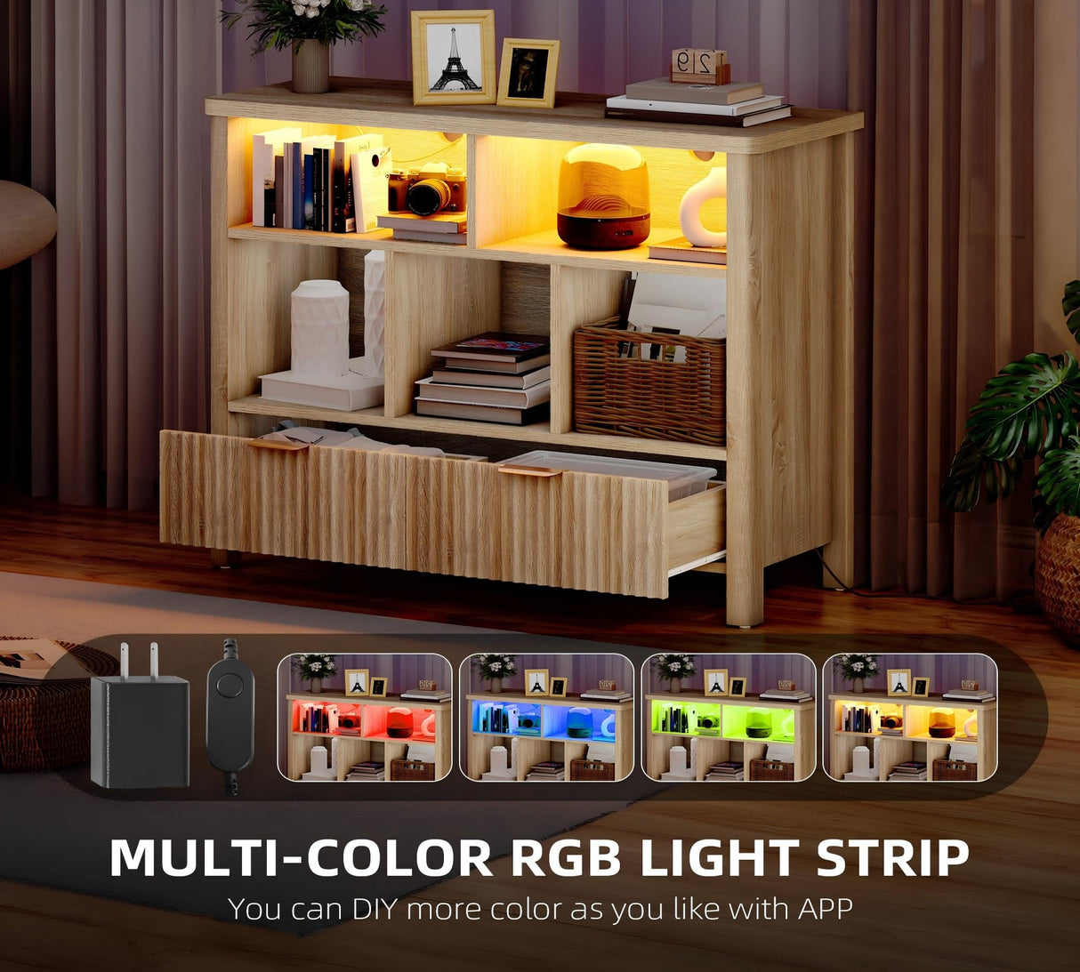 YITAHOME Bookcase with Drawers, Fluted Wood Cubby Storage Organizer Shelf Cube Bookshelf with Adjustable LED Lighting, Modern Horizontal Bookshelf for Living Room, Office, Entryway, Oak YITAHOME