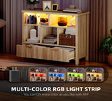 YITAHOME Bookcase with Drawers, Fluted Wood Cubby Storage Organizer Shelf Cube Bookshelf with Adjustable LED Lighting, Modern Horizontal Bookshelf for Living Room, Office, Entryway, Oak YITAHOME