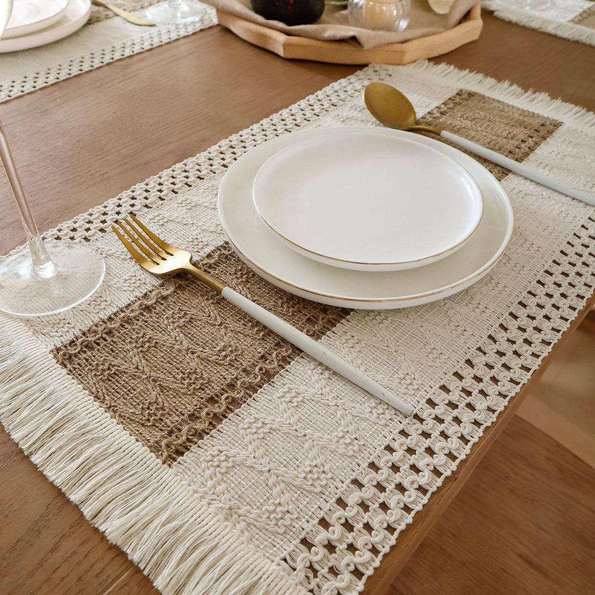 Tosleo Boho Placemats Set of 4 Macrame Table Decor with Fringe Farmhouse Woven Placemats in Natural Burlap for Kitchen and Dining Table Centerpiece Home Decorations,Khaki Tosleo