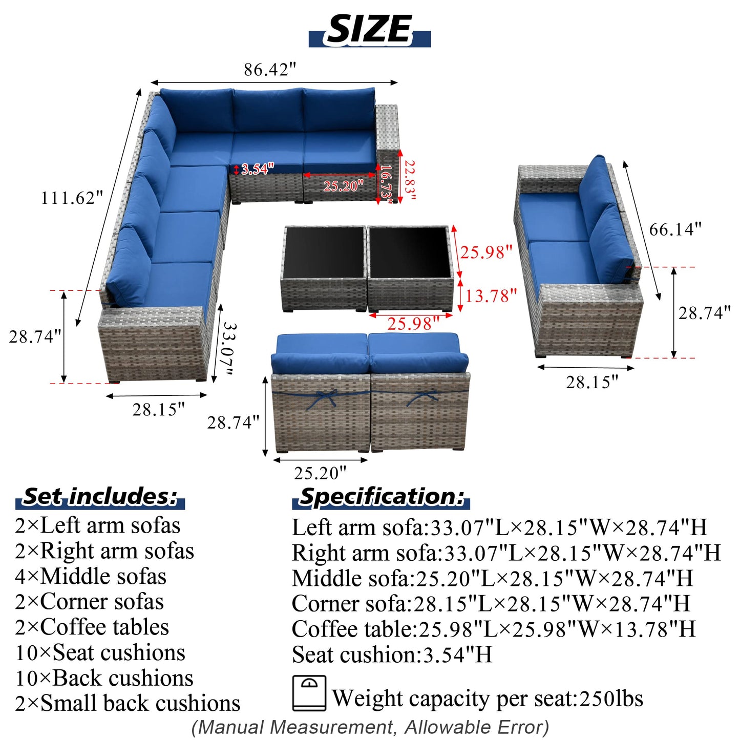 HOOOWOOO Outdoor Patio Sectional Furniture Sofa Set with Widened Armrest,12 Piece Large Modern Wicker Couch,Modular L Shaped Conversation Seating Set with Table for Out Door Garden Corner(Nav - WoodArtSupply