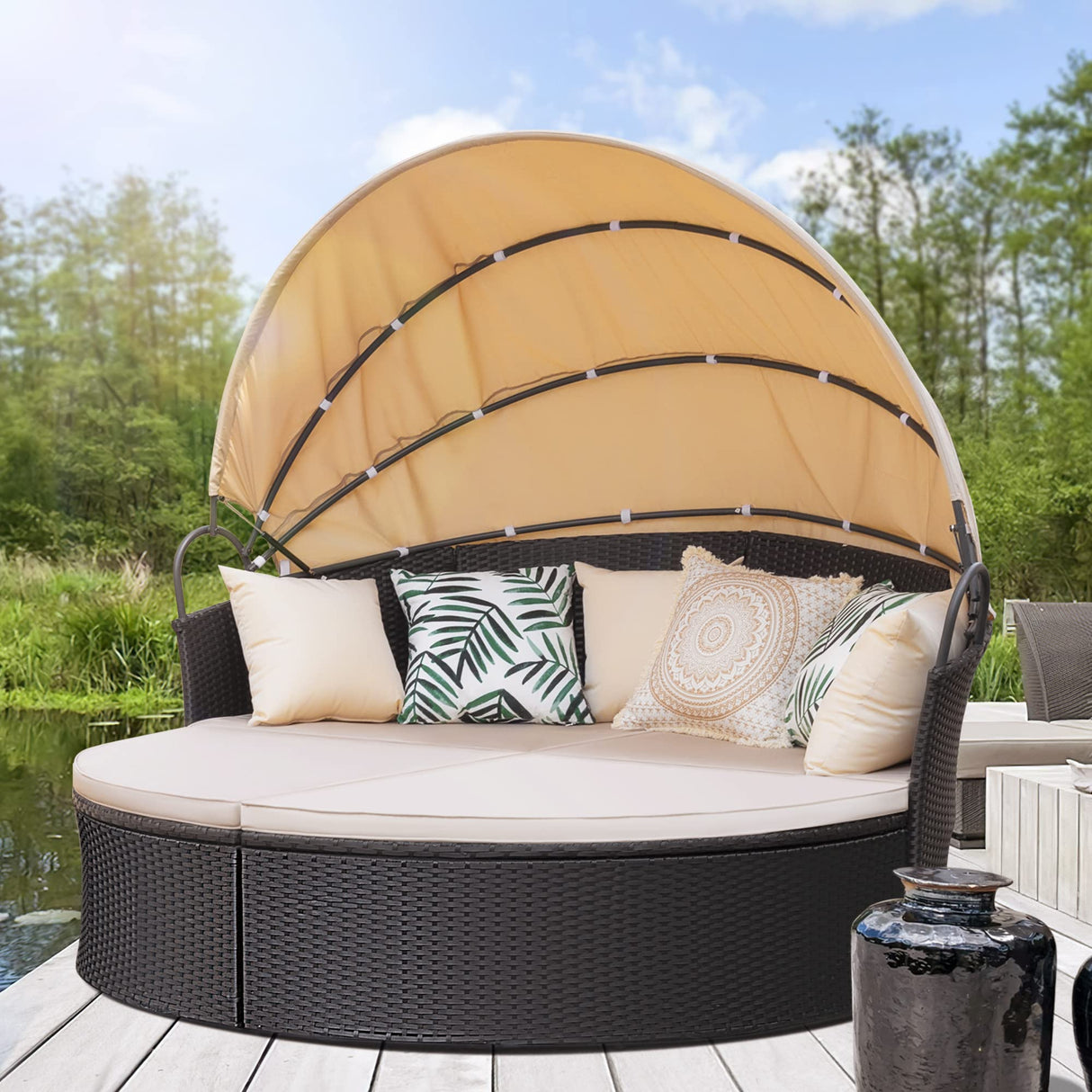 KaiMeng Patio Furniture Round Outdoor Daybed with Retractable Canopy Wicker Rattan Sectional Sofa for Lawn Garden Backyard Pool (Beige) KaiMeng