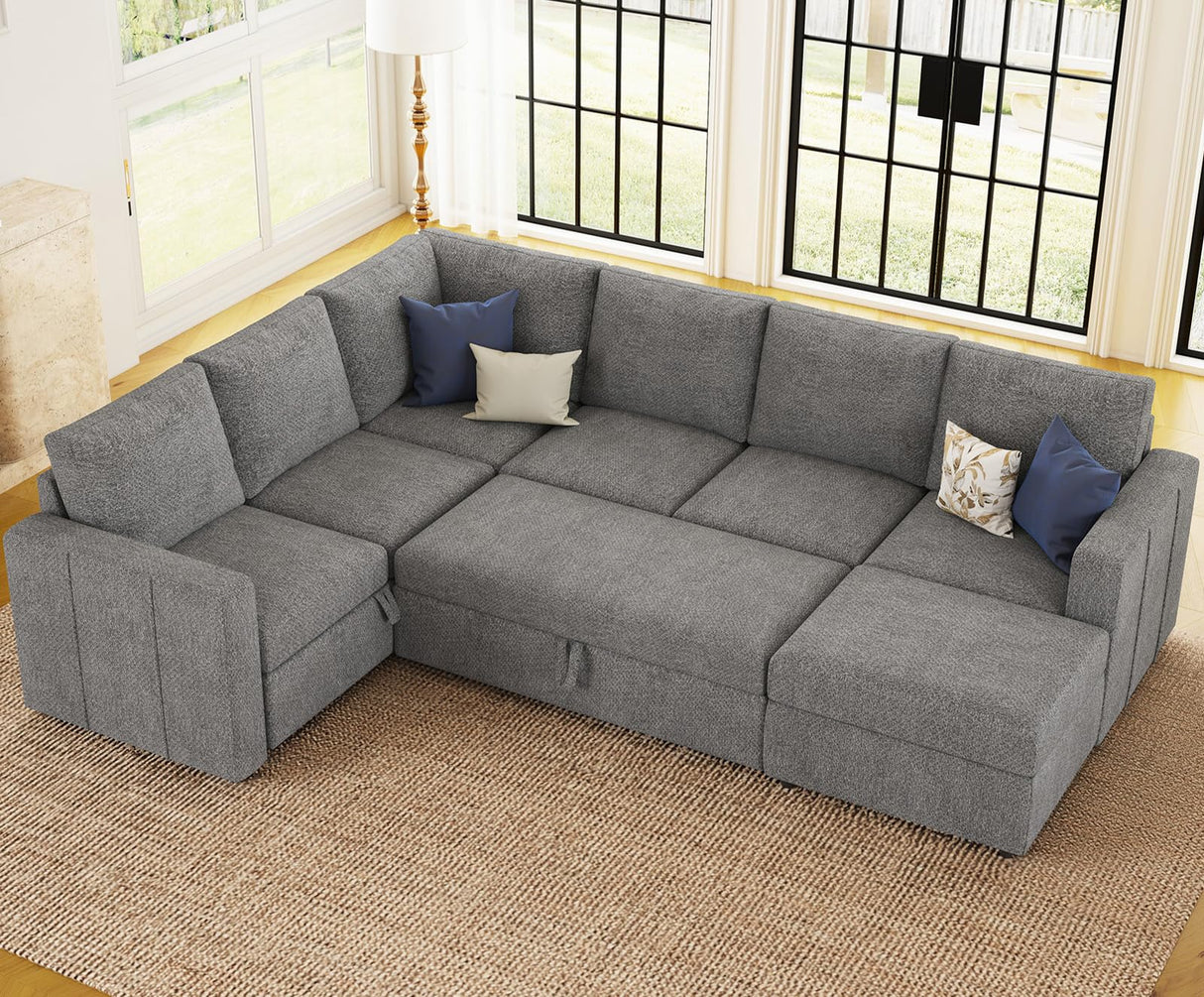 Belffin Modular Sectional Sleeper Sofa with Pull Out Couch, U Shaped Sleeper Pull Out Bed, Convertible Sectional Couches for Living Room, Light Grey Belffin