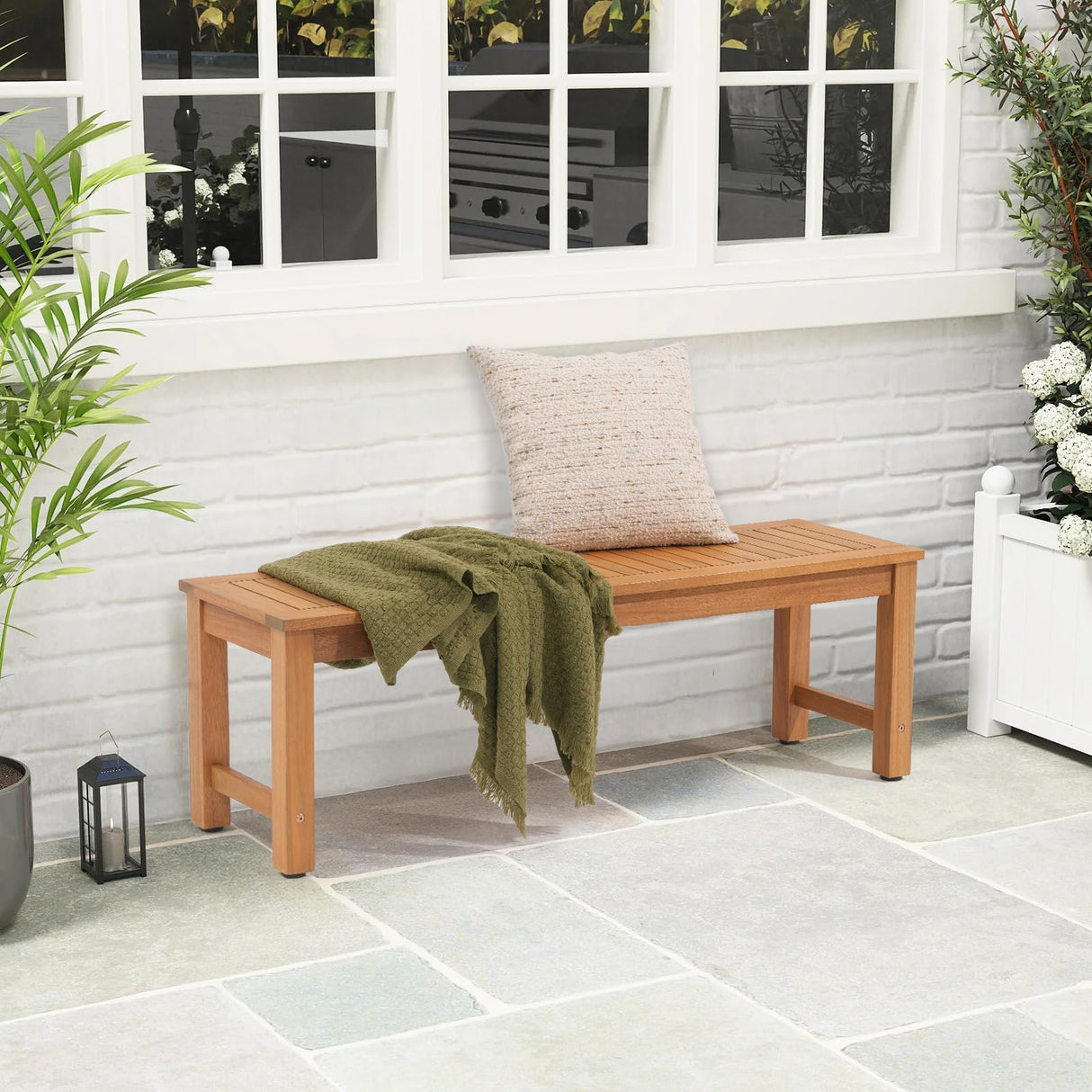OC Orange-Casual 51" Acacia Wood Outdoor Bench, Backless Patio Dining Bench with Slatted Seat for Garden, Poolside & Entryway OC Orange-Casual