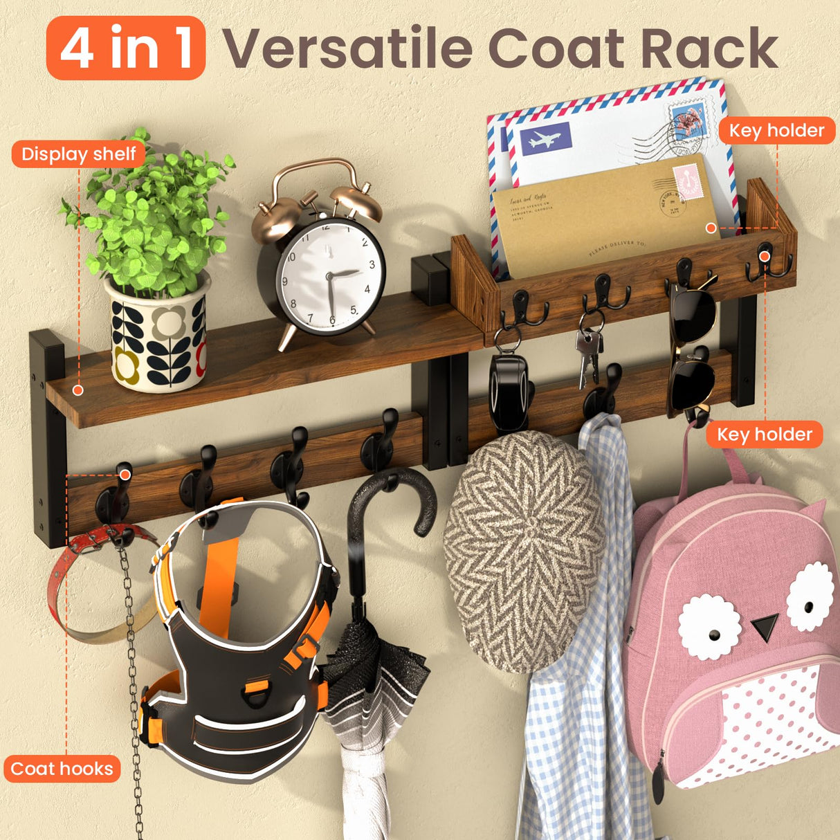 29'' Rustic Coat Rack Wall Mount with Shelf and Key Hooks, Solid Wood Key Holder Wall Mount, Farmhouse Wall Organizer for Mail, Entryway Wall Hangers for Hats, Clothes, Backpacks, Dog Leashes, Mudroom Facilite