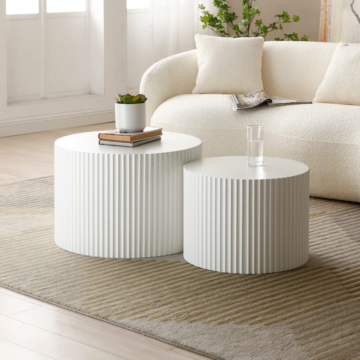 kevinplus White Round Nesting Coffee Table Set of 2 Modern Drum Side Table End Table for Living Room, Wood Circle Embossed Design Coffee Table Contemporary Living Room Table Set, Matte White - WoodArtSupply