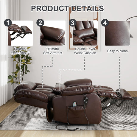 EDILLY Large Genuine Leather Power Lift Recliner Chair for Elderly, Dual Motor with Massage and Heating,with Double Lumbar Cushion and Extended Footrest,USB Port and Remote(Brown) EDILLY