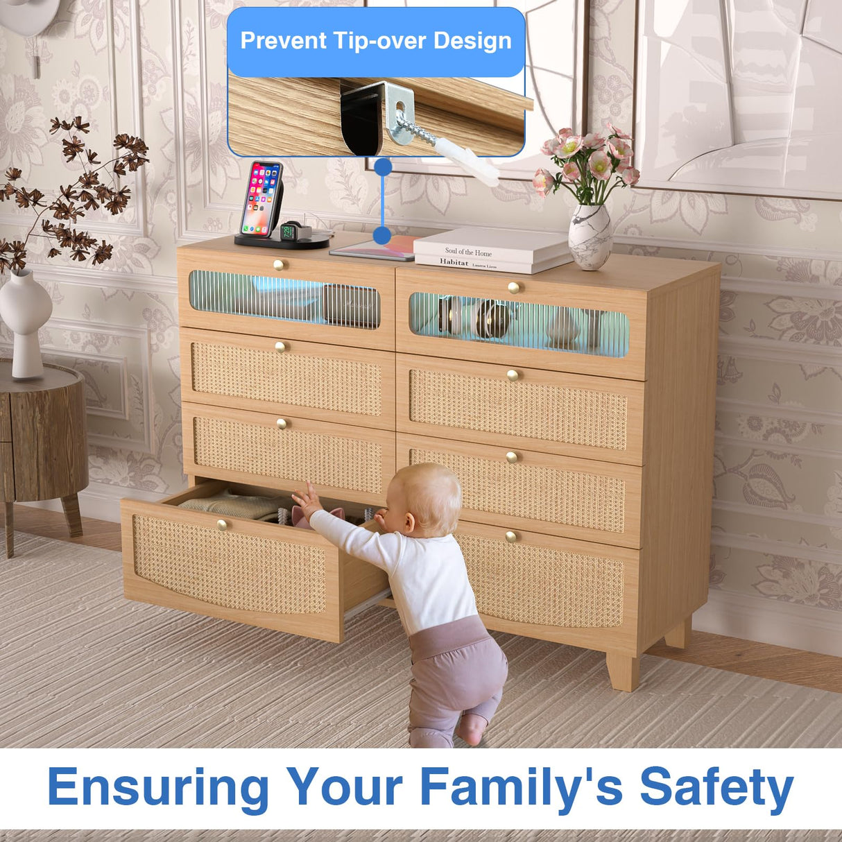 Yeyawomy Rattan Dresser for Bedroom with 8 Drawers, Wood Dresser with Charging Station & LED Lights, Boho Dressers & Chests of Drawers for Bedroom Yeyawomy