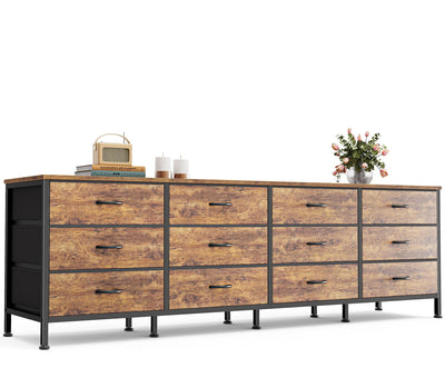 Huuger 70 Inch Dresser for Bedroom, TV Stand for 65, 75, 80 Inch TV, 12 Drawer Long Dresser, Large Dresser for Bedroom, Wide Chest of Drawer with Storage, Fabric Drawer for Living Room, Rustic Brown
