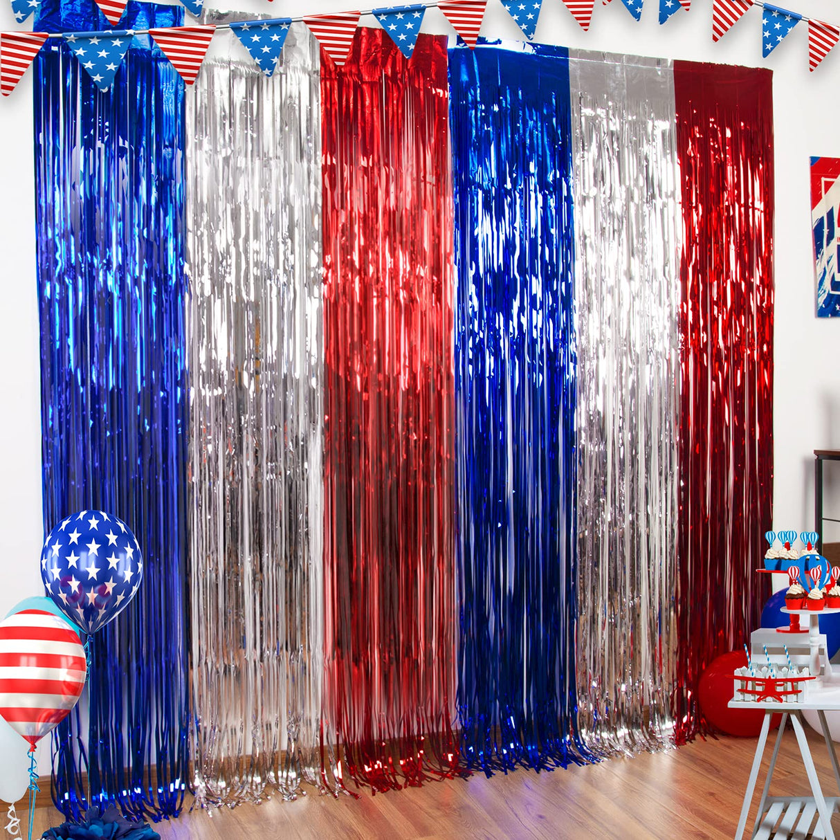 LOLStar 4th of July Decorations,Red White and Blue 3 Pack Tinsel Foil Fringe Curtains,4th of July Photo Booth Prop Streamer Backdrop for America Patriotic Party,Memorial Day,Independence Day,Labor Day LOLStar