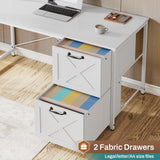 SEDETA White L Shaped Office Desk, Farmhouse Home Office Desk with Fabric File Drawers and Power Outlet, Corner Gaming Desk with LED Lights, Hutch and Storage Shelves SEDETA