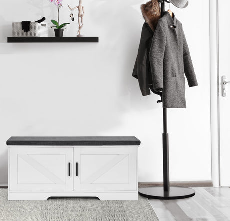HOMSHO 2-Tier Storage Bench,Shoe Bench with Padded Seat Cushion, Entryway Bench with 2 Barn Doors,Adjustable Shelf, 39.4" L x 13.8" W x 17.7" H, for Entryway, Living Room, Bedroom,White HOMSHO