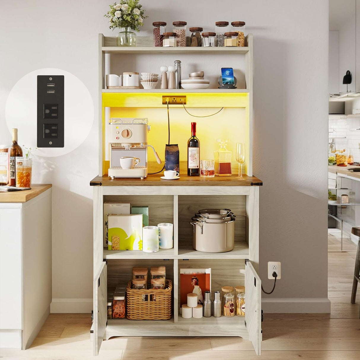 YITAHOME Bakers Rack Cabinet, Microwave Stand with Power Outlet & RGB LED Lights, Farmhouse Coffee Bar Station with Storage, 5-Tier Kitchen Pantry Hutch for Dining Living Room,White Walnut Grain YITAHOME