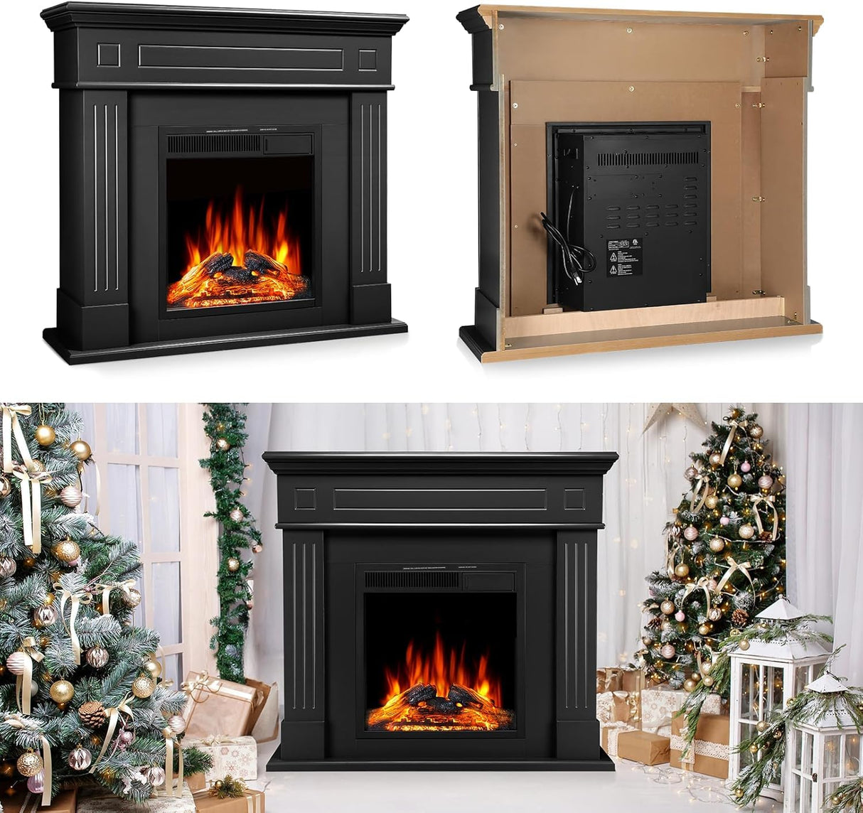 43 Inch Fireplace TV Stand with Mantel - Electric Fireplace Heater, Wooden Entertainment Center, Adjustable LED Flame, Freestanding (750W/1500W),Black ZAFRO