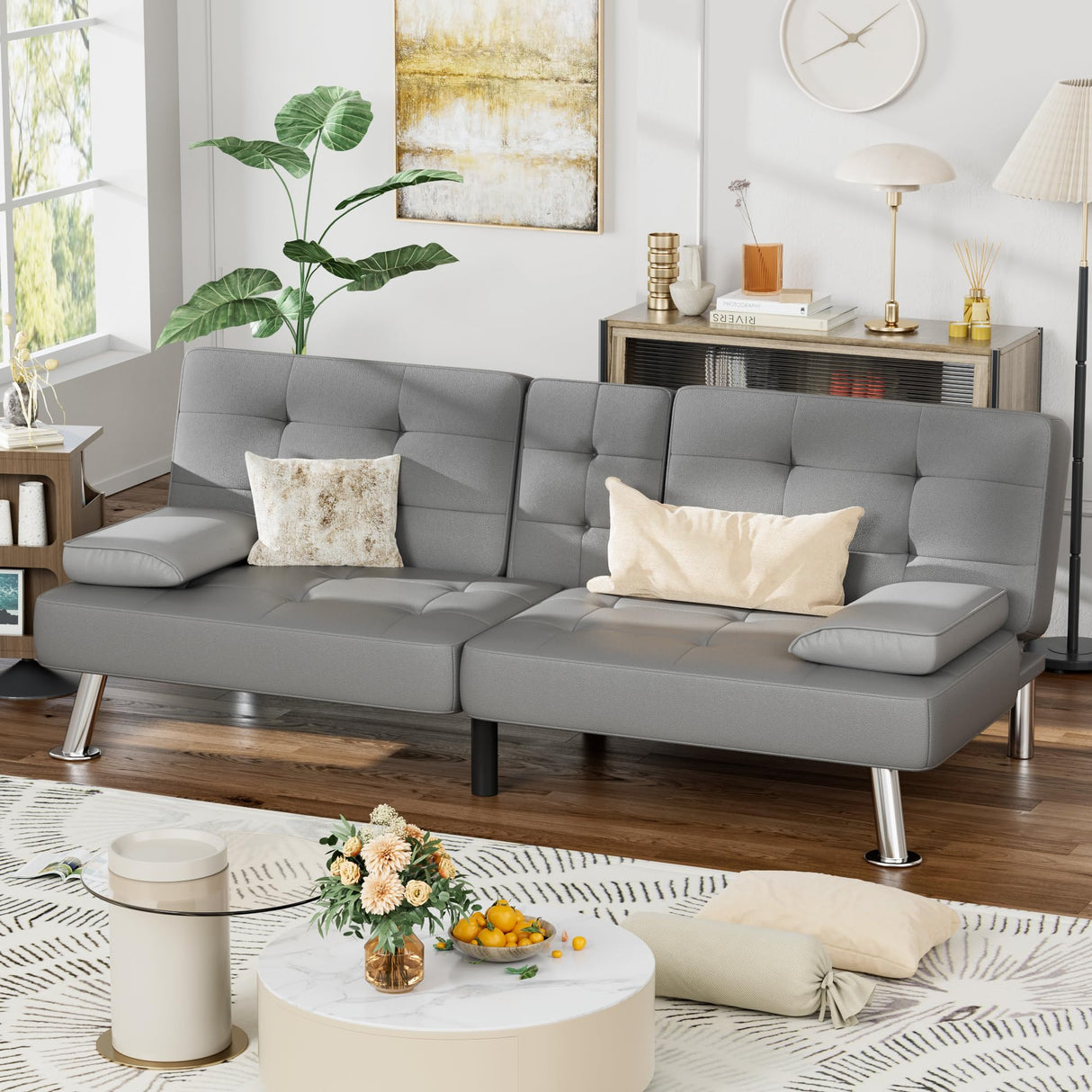 Homall Futon Sofa Bed, Leather Futon Couch with Removable Armrests, Adjustable Recliner Sleeper Sofa Bed with Dual Cup Holders for Living Room, Apartment, Office (Grey) Homall