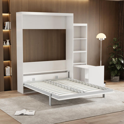 Queen Size Murphy Bed, Vertical Wall Bed with Fold-Out Desk and Storage Shelf, Morden Design Hidden Bed Frame Gas Struts, Space Saving(Not Including Mattress)