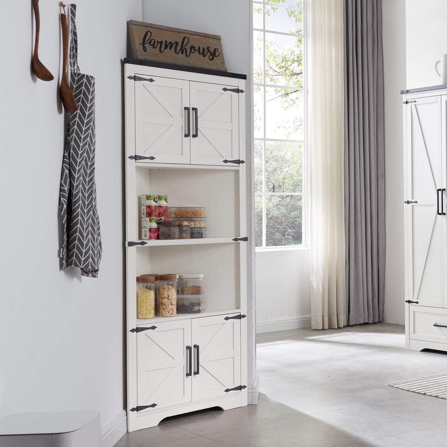 JXQTLINGMU Farmhouse Corner Cabinet, Tall Corner Bathroom Storage Cabinet with Barn Door Design & Adjustable Shelves, for Laundry Room, Living Room,