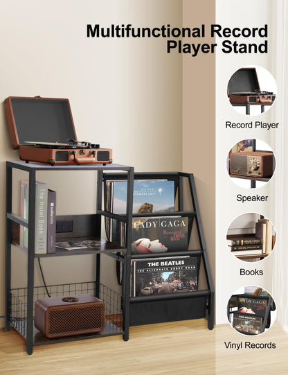 YisrLery Record Player Stand (Original Brown, Wood) - 3-Tier Vinyl Storage Rack with Charging Station, Metal Frame & Classified Storage for Record Players, Speakers, Books, Collectibles - WoodArtSupply