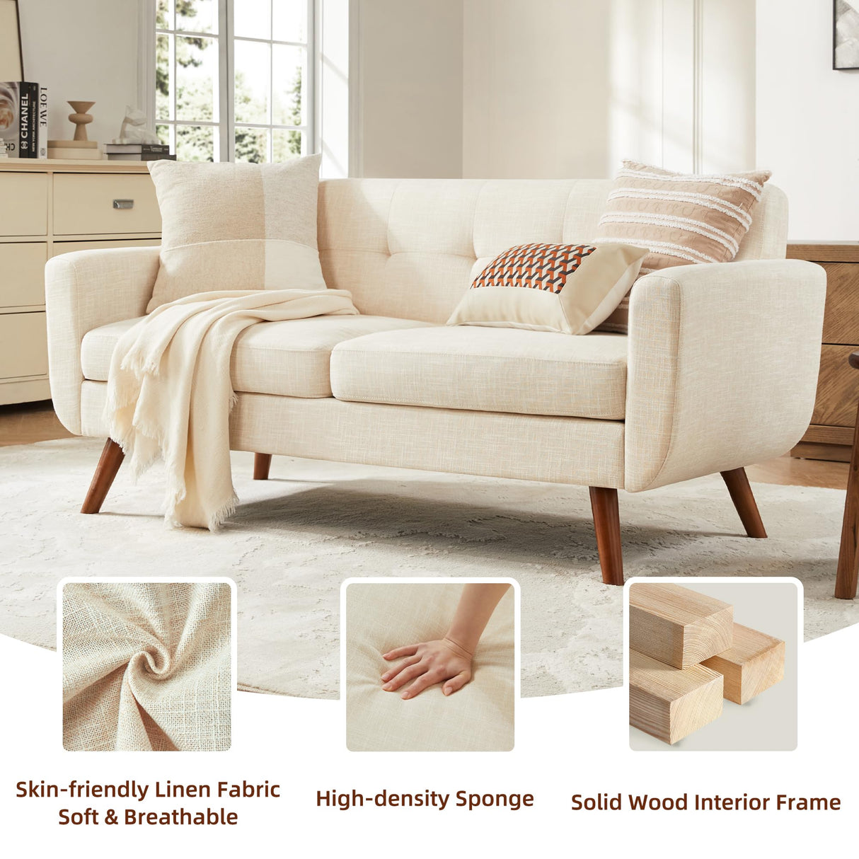 Tbfit 65" W Loveseat Sofa, Mid Century Modern Decor Love Seat Couches for Living Room, Button Tufted Upholstered Small Couch for Bedroom, Solid and Easy to Install Love Seats Furniture, Beige Tbfit