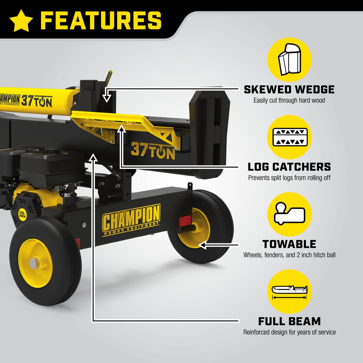 Champion Power Equipment 37-Ton Horizontal/Vertical Full Beam Gas Log Splitter with Auto Return - WoodArtSupply