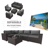 Kullavik Outdoor Patio Furniture Set 6 Pieces Sectional Rattan Sofa Set Brown PE Rattan Wicker Patio Conversation Set with 5 Grey Seat Cushions and 1 Tempered Glass Table Kullavik